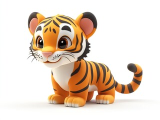 Adorable 3D cartoon Tiger illustration, isolated on a white background, perfect for kids' designs, educational materials, or playful themes.