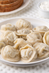 Traditional pelmeni, ravioli, dumplings filled with meat on plate, russian kitchen