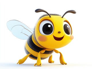 Adorable 3D cartoon bee illustration, isolated on a white background, perfect for kids' designs, educational materials, or playful themes.