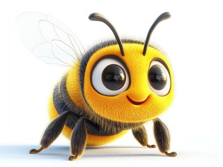 Adorable 3D cartoon bee illustration, isolated on a white background, perfect for kids' designs, educational materials, or playful themes.