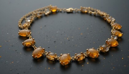Golden amber necklace with sparkling design on black background, luxury jewelry display