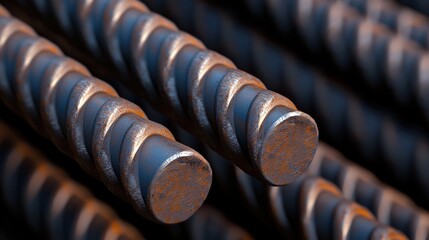 Close Up View of Multiple Steel Rods Showcasing Their Texture and Strength in an Industrial Setting Highlighting Construction and Engineering Elements