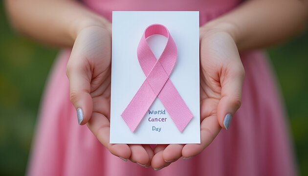Woman holding pink ribbon card for breast cancer awareness, supportive gesture
