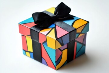 Brightly colored gift box featuring geometric patterns and a black ribbon sits prominently on a plain white background. It adds a festive touch suitable for any celebration.
