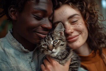 A joyful moment shared between two friends and their adorable cat, capturing love and connection in everyday life.