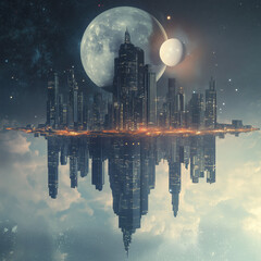 Obraz premium Floating Futuristic City Sky Moons