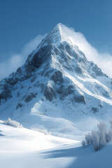 Fototapeta premium Photo réaliste d’un sommet majestueux d’une montagne enneigée sous un ciel bleu clair, avec une neige blanche immaculée scintillant au soleil, créant une scène époustouflante de beauté naturelle