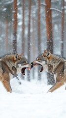Naklejka premium Two wolves facing each other in a snowy forest, showcasing a dramatic standoff.