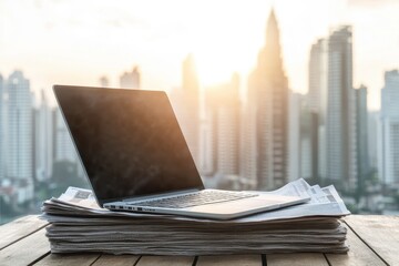 Fototapeta premium A modern laptop rests on a stack of newspapers as the sun rises over a bustling city skyline, casting warm light on the scene during early morning hours.