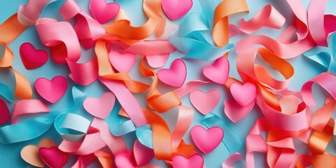 Colorful ribbons and hearts scattered on a blue background