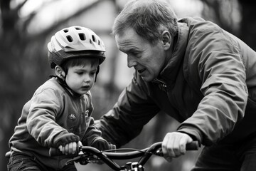 Obraz premium Father assists young child riding a bicycle in a park during daylight hours