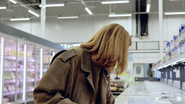 Young woman selecting frozen meals in a grocery store. Comparing various options and examining labels with care