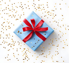 Elegant Gift Box Wrapped in Blue with Red Ribbon and Golden Confetti Background. AI generative.