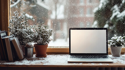 Laptop with a white screen on a table in front of a snowy window. Mockup style, winter theme, blurred background.