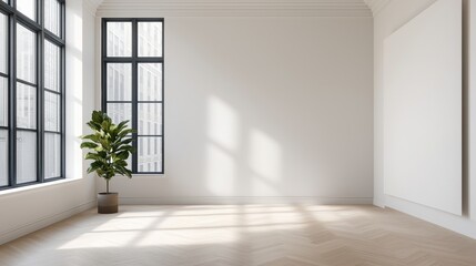 Fototapeta premium A bright, minimalistic interior space featuring large windows, natural light, and a single potted plant against a plain wall.