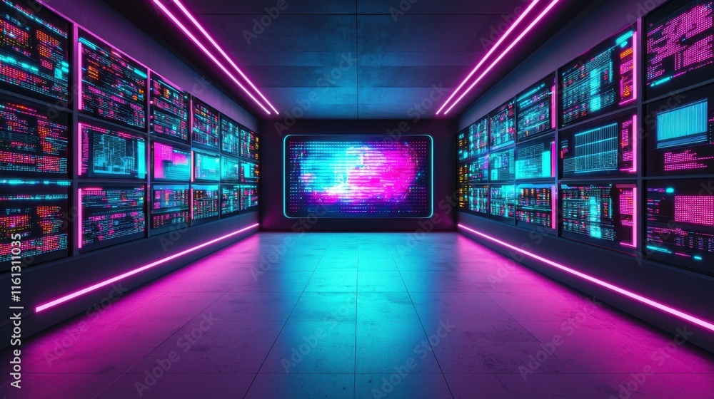 Poster a futuristic corridor with vibrant neon lights, featuring digital screens displaying data and colorf