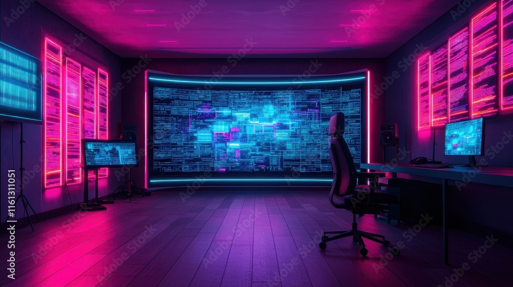 Poster a futuristic control room with vibrant neon lighting, featuring multiple screens displaying data, en