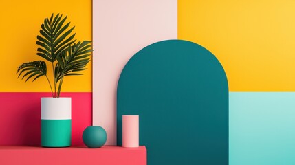 Fototapeta premium A vibrant arrangement featuring colorful geometric shapes, a potted plant, and decorative objects against a vivid backdrop.