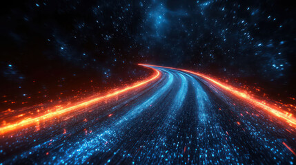 Obraz premium Scene futuristic neon glowing blue light ray. Hi-speed motion moving concept on dark blue background. Vector illustration