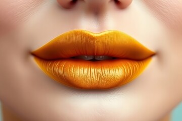 Fototapeta premium Close-up of stylized lips painted in vibrant orange, showcasing texture and color.