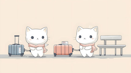 Fototapeta premium Two white cats are walking with luggage