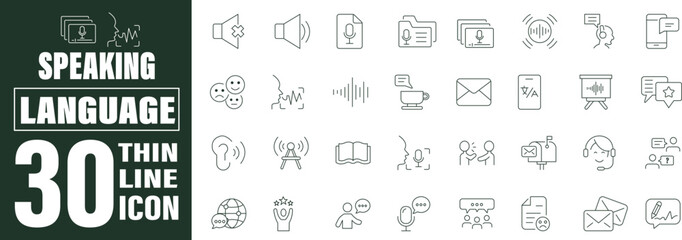 Speaking icons Set. Communication icons for web and mobile app, related to  people, communication, talking, discussion, speech bubble, team, user, dialog, chat, cloud much more. Editable Stroke