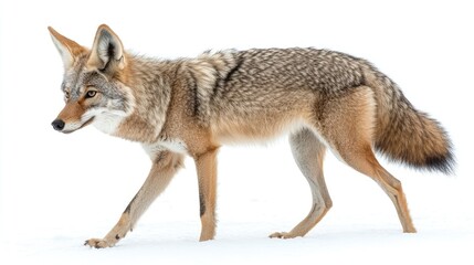 A coyote walking gracefully across a snowy landscape.
