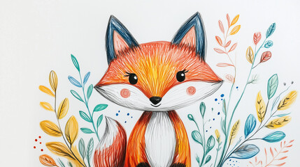Fototapeta premium A charming cute fox drawing with colorful pencils in a childish style, surrounded by bright leaves on a white background.