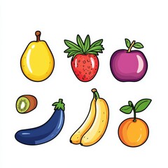 Colorful and Playful Icon Set of Fresh Fruits and Vegetables Designed for Children to Enhance Learning and Encourage Healthy Eating Habits in Fun Ways