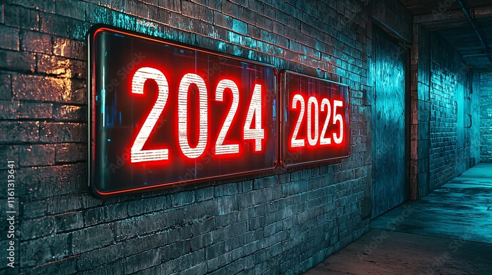 Poster illuminated digital display showing the transition from 2024 to 2025 in a vibrant urban setting at n