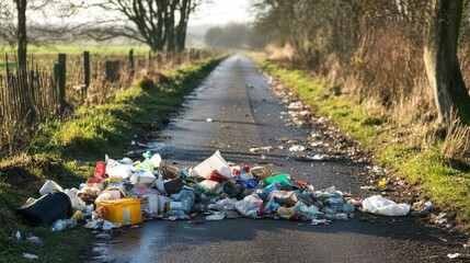 Waste Scattered Along Rural Road in Morning Light
