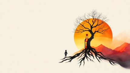 A symbolic illustration of a child standing near a tree with bottle-shaped roots against a sunset background, representing the impact of parental alcoholism.