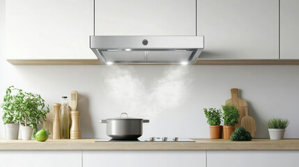 Silver cooker hood in minimal white kitchen interior with plant on wooden countertop. Real photo