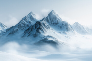 Obraz premium Photo réaliste d’un paysage hivernal avec une chaîne de montagnes enneigées, de gros nuages tourbillonnant au-dessus, créant une vue dramatique et impressionnante