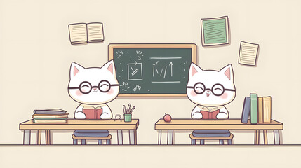 Two cats sitting at desks in a classroom