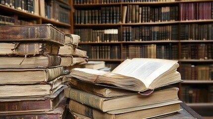 An open book in a library stacked with old textbooks
