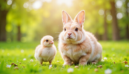 Bunny and chick enjoying a sunny meadow, friendship and innocence