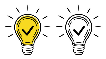 Light bulb with checkmark, creative idea, success solution check mark, quick tips line icon. Electric lightbulb, approved tick. Good choice confirmation. Important fact, innovation information. Vector