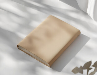 A simple light brown leather notebook placed on a white background. Front view product photography with visible leather texture.