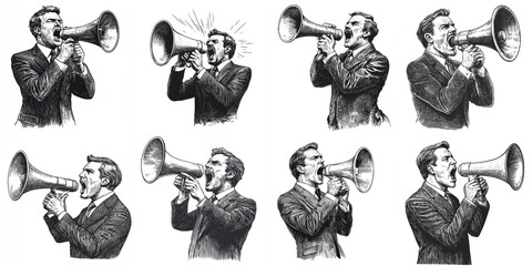 Vintage Gentleman Announcing with Megaphone - Eight vintage engravings of a man in a suit passionately shouting into a megaphone. Symbolizes: announcement, news, communication, authority, and vintage 
