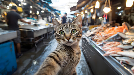 A cat is taking a selfie in front of a fish market