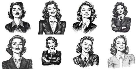 Vintage Smiling Businesswomen Pin-up - Eight retro illustrations of smiling businesswomen, symbolizing confidence, success, ambition, elegance, and empowerment in the workplace.