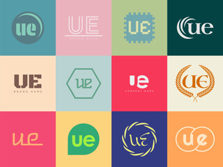 UE logo company template. Letter u and e logotype. Set different classic serif lettering and modern bold text with design elements. Initial font typography.