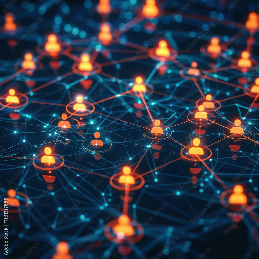 Aufkleber abstract digital network of social connections with glowing human icons representing technology and 