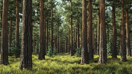 Obraz premium Forest panorama view. Pine tree landscape vector illustration. Spruce silhouette. Banner background.