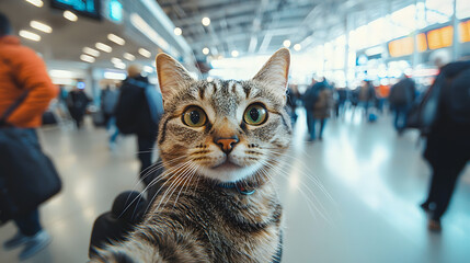A cat is taking a selfie in a busy airport