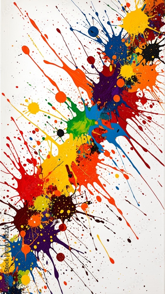 Poster colorful paint splashes on white background creating dynamic abstract pattern of vibrant drops