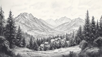 Alpine village with forest and mountains in the background. Handmade drawing vector illustration. Flat design poster.