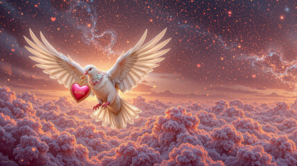 White dove holding a heart flying through colorful clouds against a sunset background