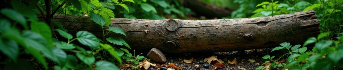 Dense foliage surrounds a weathered wooden log, natural light, forest scenery, greenery